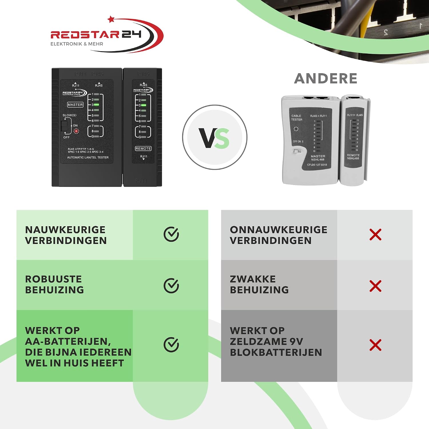 Thumbnail 6 de RedStar24 RS-Netzwerktester LAN-kabeltester voor RJ11, RJ12 en RJ45 met ledcontrole