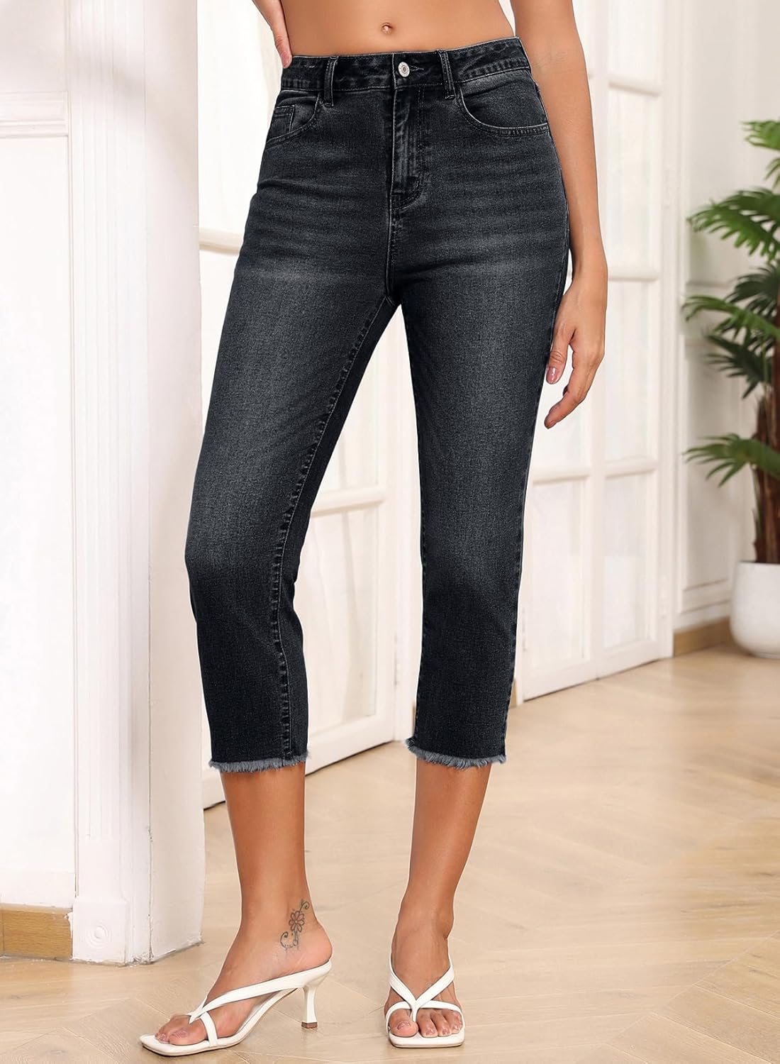 Detalle de Sidefeel Women's Capri Jeans High Waisted Straight Leg Raw Hem Denim Capri Pants