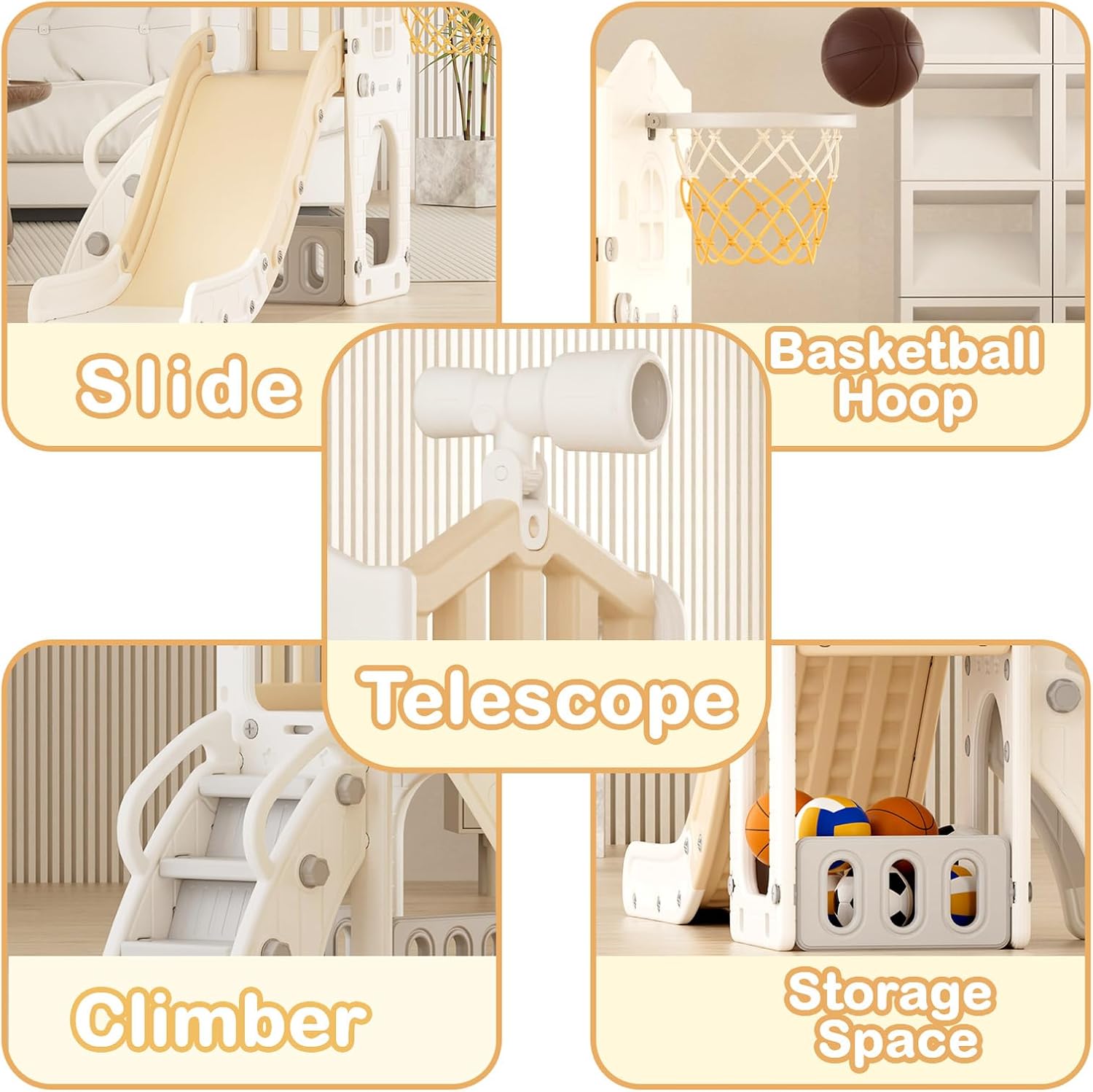 Detalle 2 de XJD 5-in-1 Toddler Slide with Basketball Hoop, Storage, and Telescope