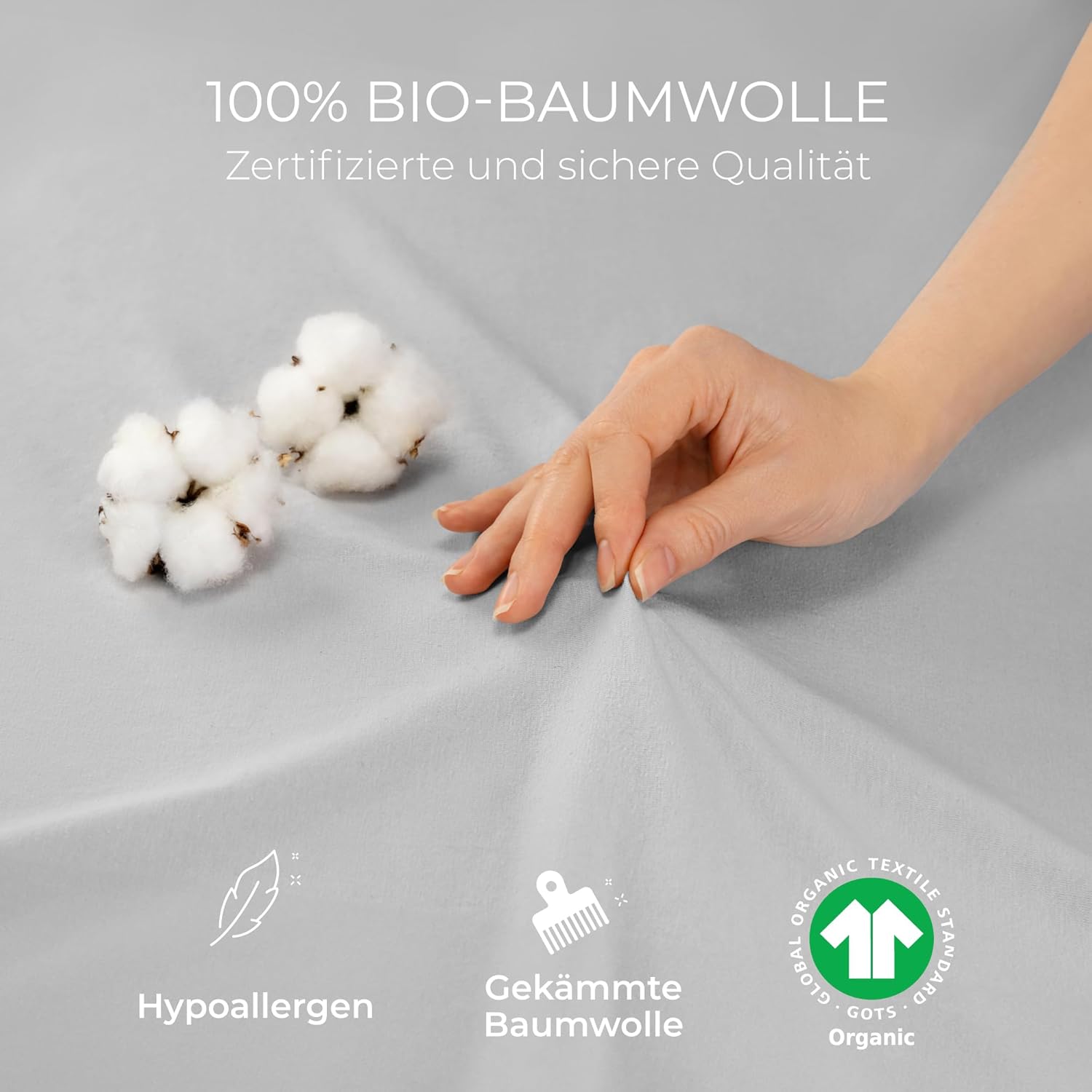 Detalle 2 de Dreamzie Premium Spannbettlaken 90–100x200 cm – Grau, 100% Bio-Baumwolle, 150 g/m², OEKO-TEX