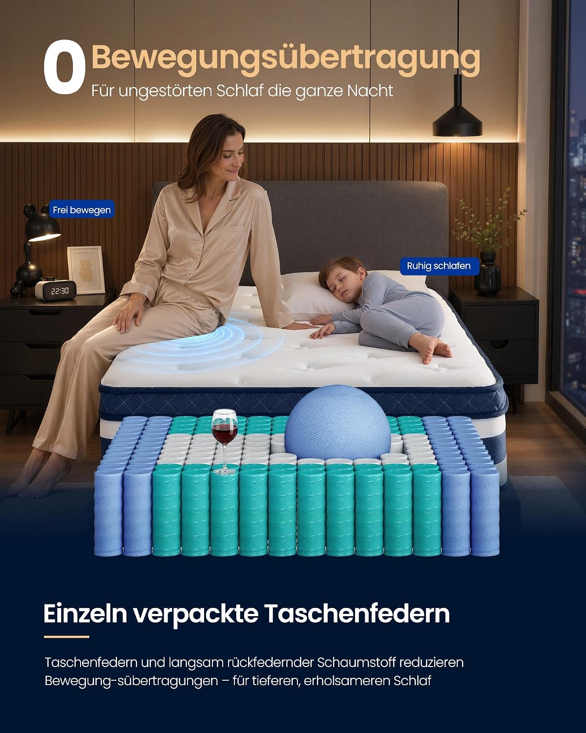 Detalle de VASAGLE Matratze RMZ232Q101 – 90 x 200 x 25 cm, Taschenfederkern mit Gel-Memory-Schaumstoff, 7-Zonen, mittelfest