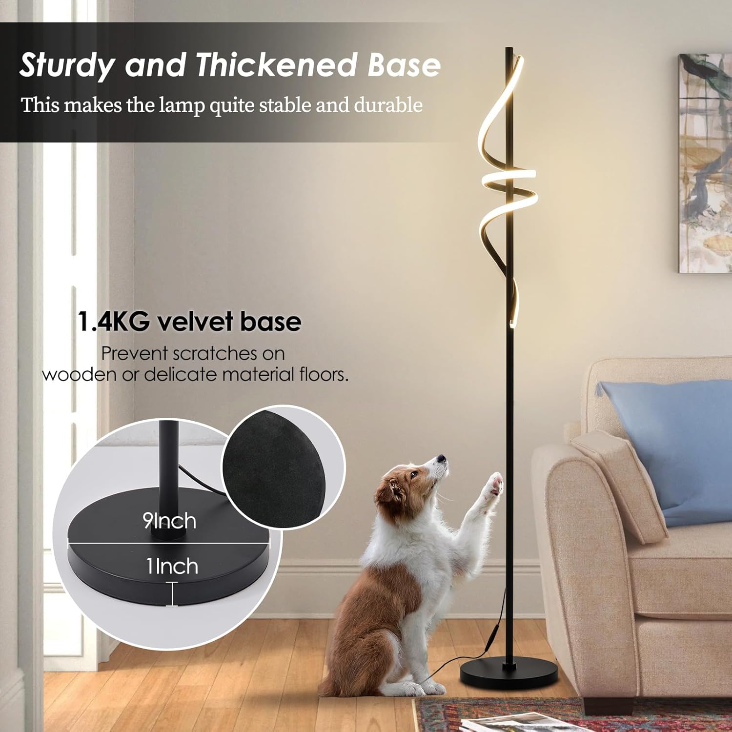 Detalle 2 de POWROL Spiral LED Floor Lamp (Dimmable) with Remote & Foot Control, 3 Colour Temperatures, 48W, Black