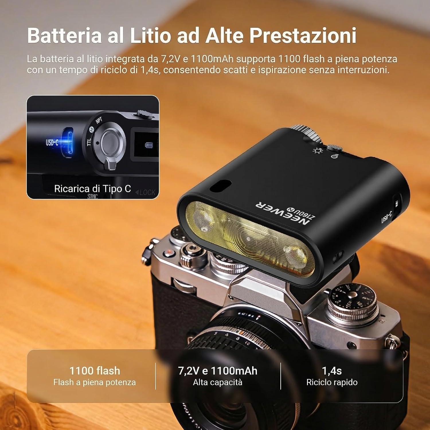 Thumbnail 6 de NEEWER Z160U-N: Speedlite compatibile Nikon, 18Ws GN14, TTL/HSS, batteria integrata 1100mAh, USB-C