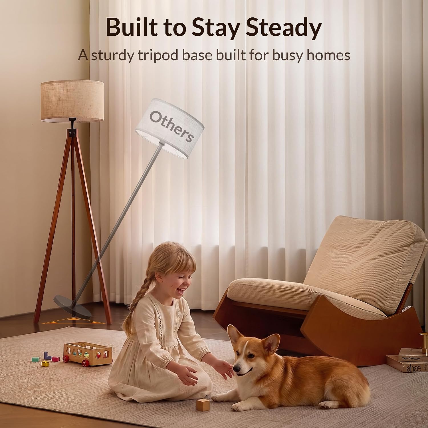 Detalle de LEPOWER Tripod Floor Lamp, Mid-Century Wood Base, Linen Shade, E26 Socket