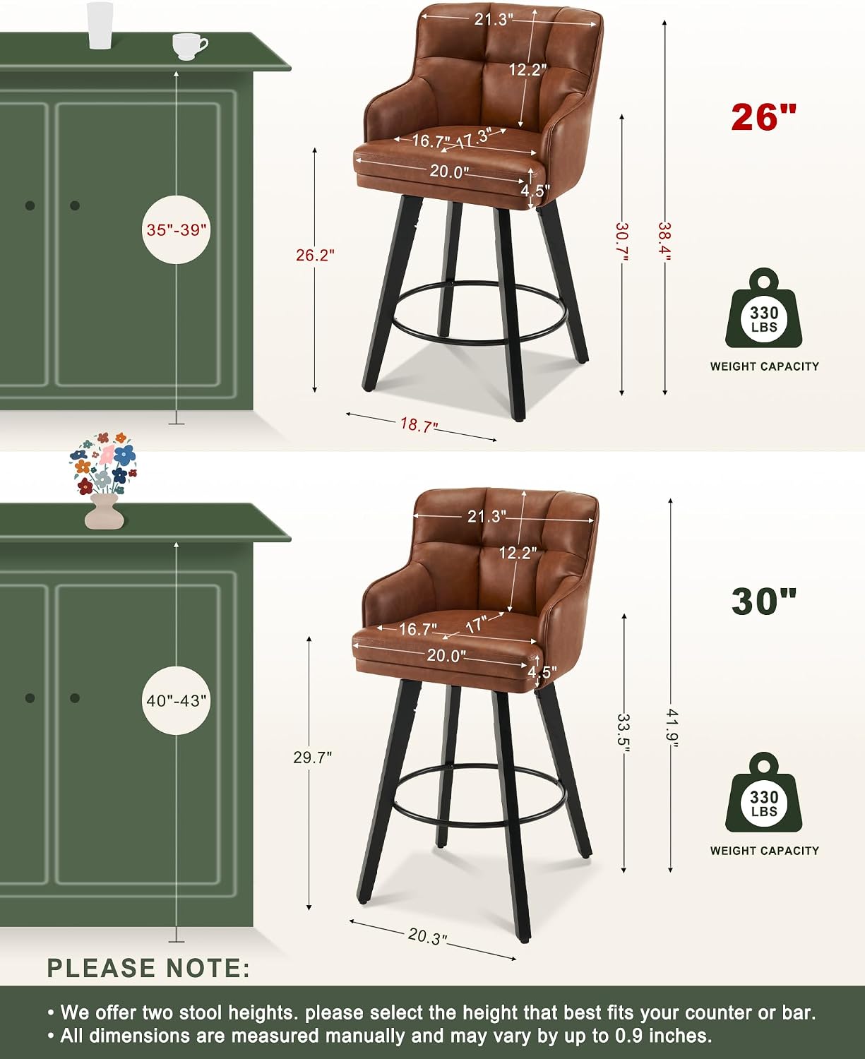 Detalle de SAECKBERG AA6-02Vito2BRPU Counter-Height Swivel Bar Stools, Faux Leather, Set of 2