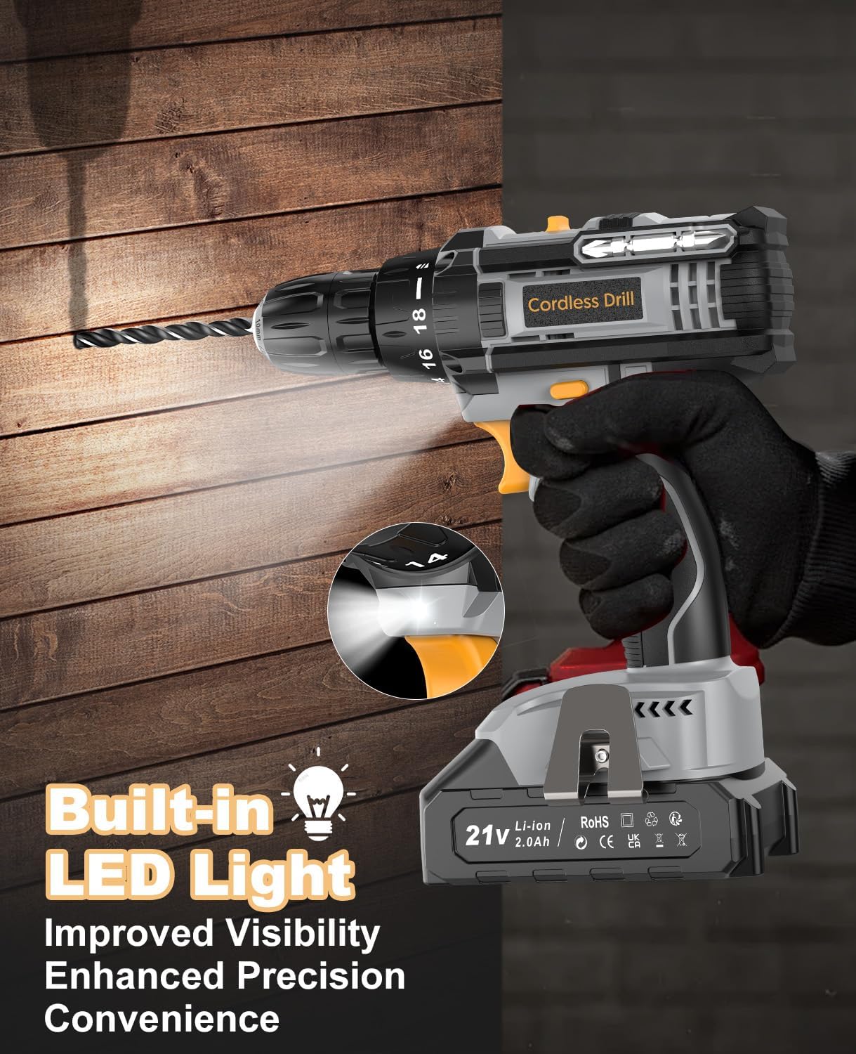 Thumbnail 6 de LEEIKOO Cordless Drill, 21V Electric Drill 42N.m with 2.0Ah Battery, Combi Set 10mm Chuck, 2 Speeds, 18+1 Torque, LED Light, 20pcs Drill Set for Garden DIY Project, Grey
LEEIKOO Cordless Drill, 21V Electric Drill 42N.m with 2…