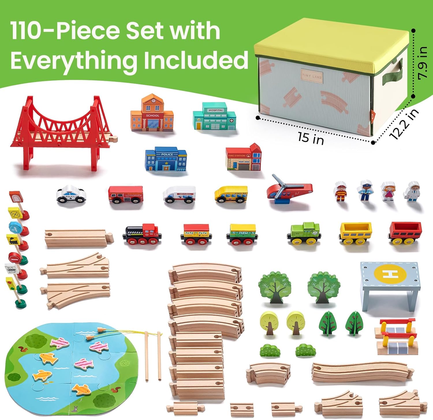 Thumbnail 4 de Tiny Land 110pcs Wooden Train Set with Storage Box