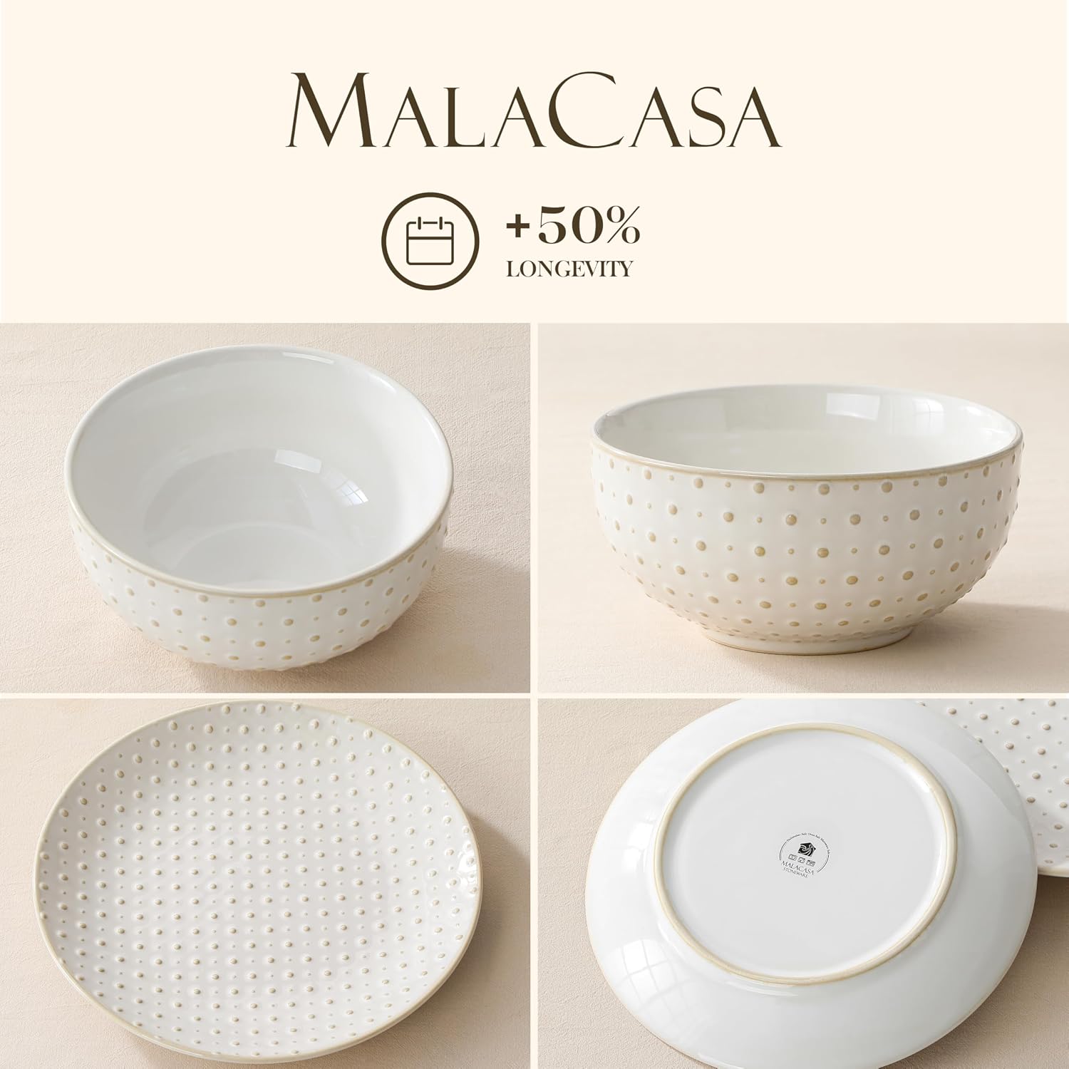 Thumbnail 4 de MALACASA 24-Piece Dinnerware Set for 8 — Embossed High- fired Ceramic Stoneware for Everyday & Entertaining