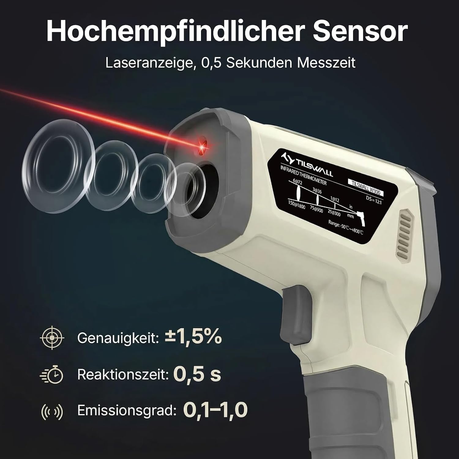 Detalle de Infrarot Thermometer von Tilswall – -50 bis 800 °C, K-Sonde, LCD Display (nicht für Menschen)