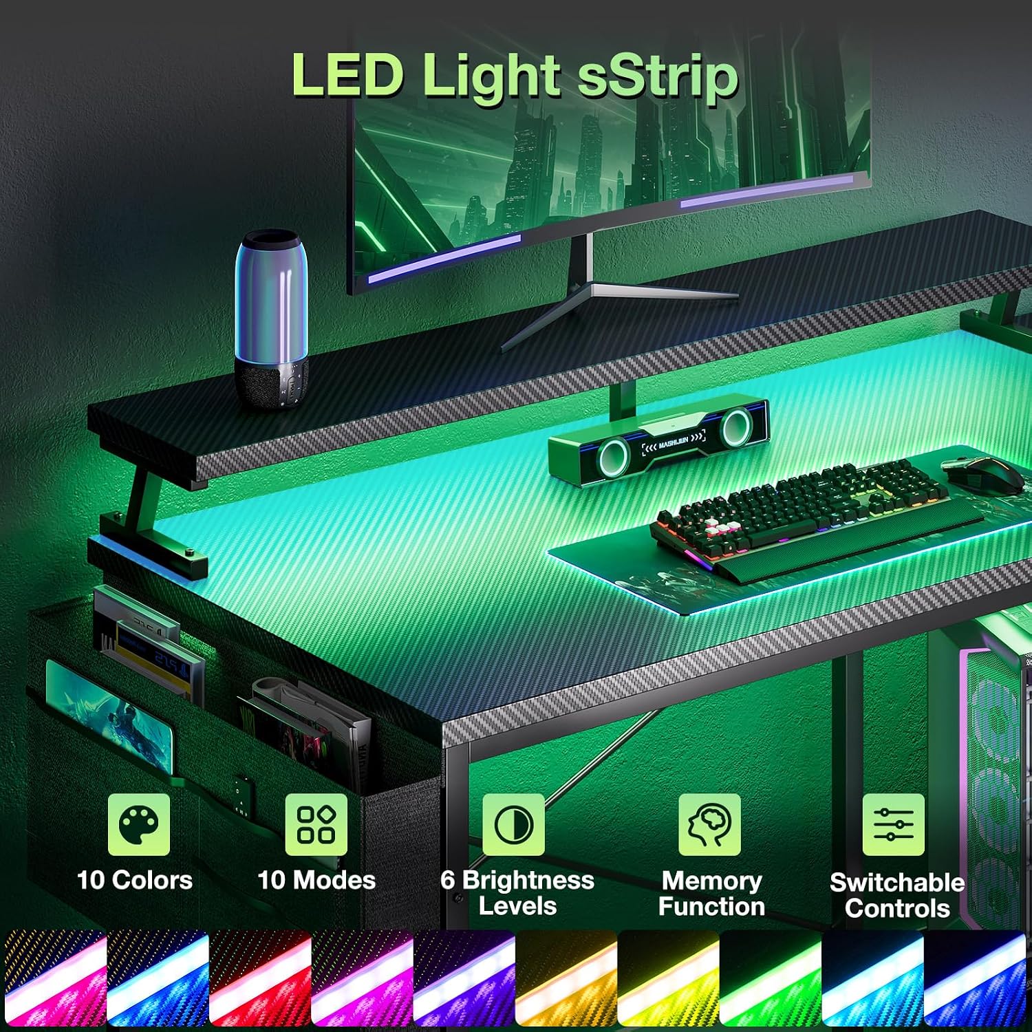 Thumbnail 3 de Coleshome L Shaped Gaming Desk with LED Lights (120 × 80 cm) – Carbon Fibre Black