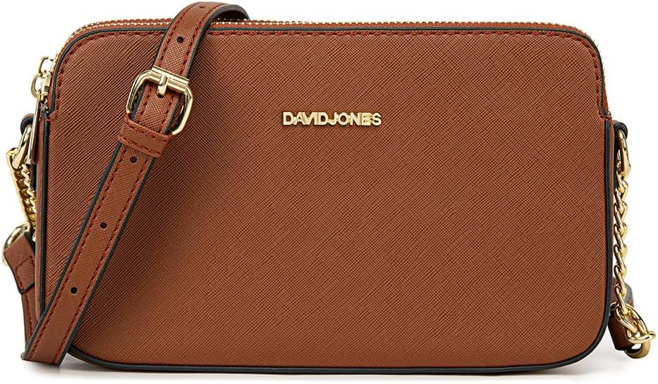 Thumbnail 6 de Petit sac bandoulière David Jones en cuir PU rigide marron cognac – pochette téléphone à chaînes, 3 compartiments