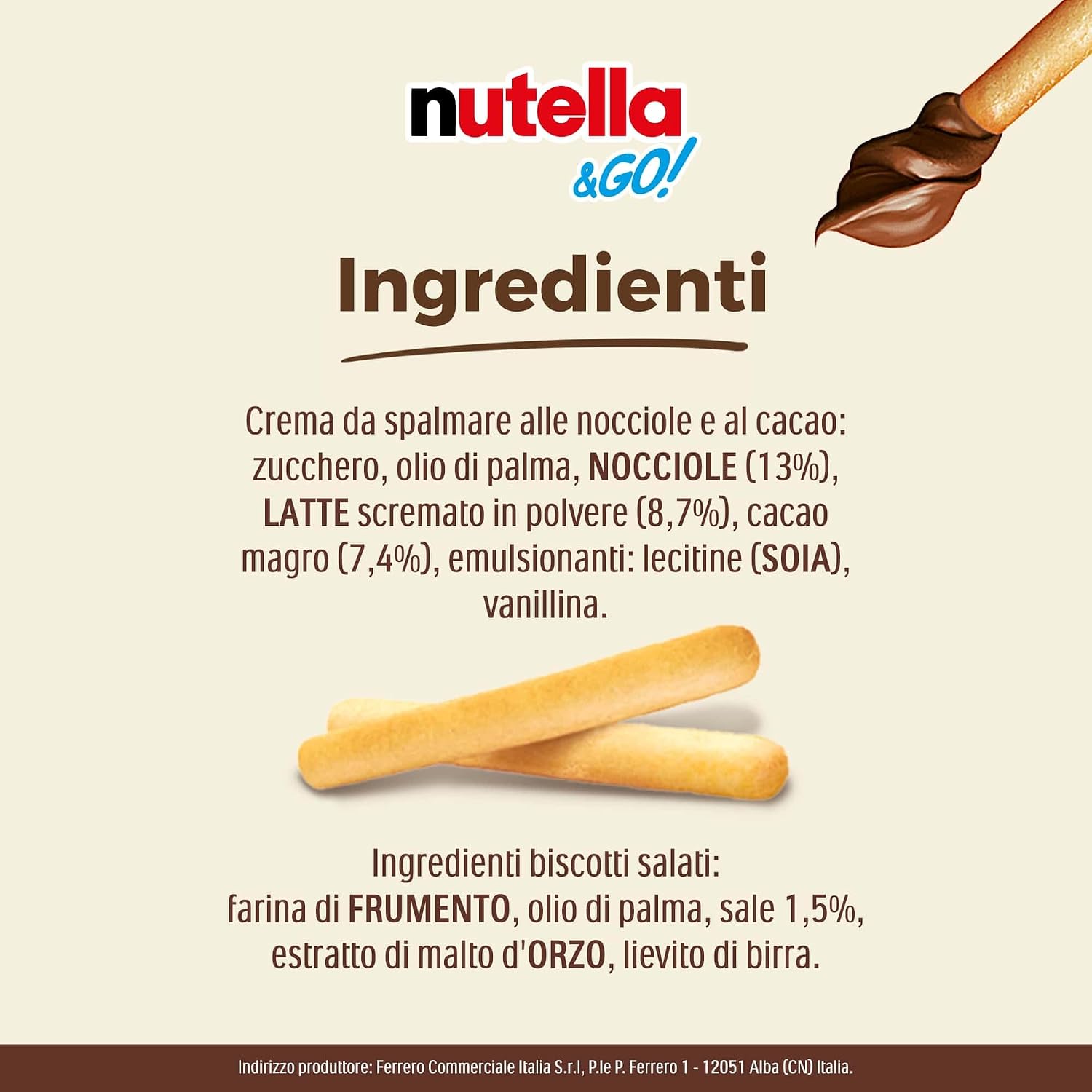 Detalle de Nutella & Go Snack Monoporzione con Croccanti Grissini e Nutella – 12 Confezioni da 48 g