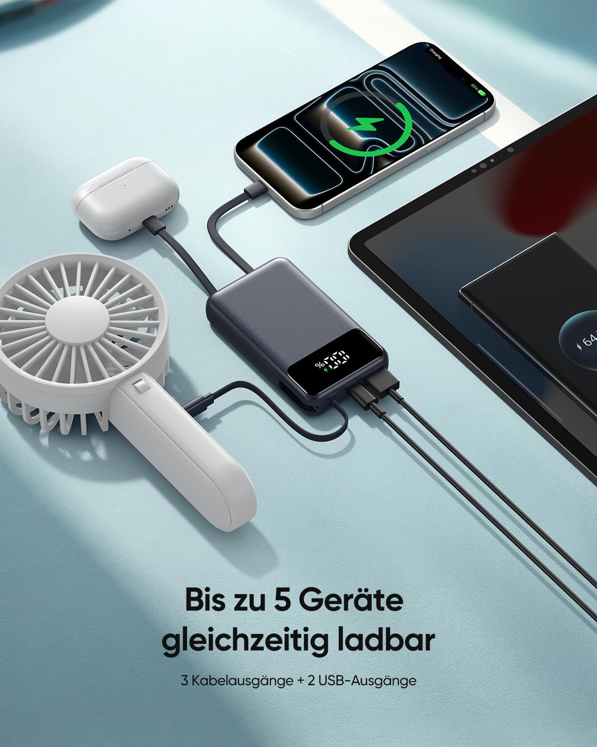Detalle 2 de A ADDTOP 20000mAh Power Bank – Ultra kompakt mit 4 integrierten Kabeln und 22,5W Schnellladen, Rosa