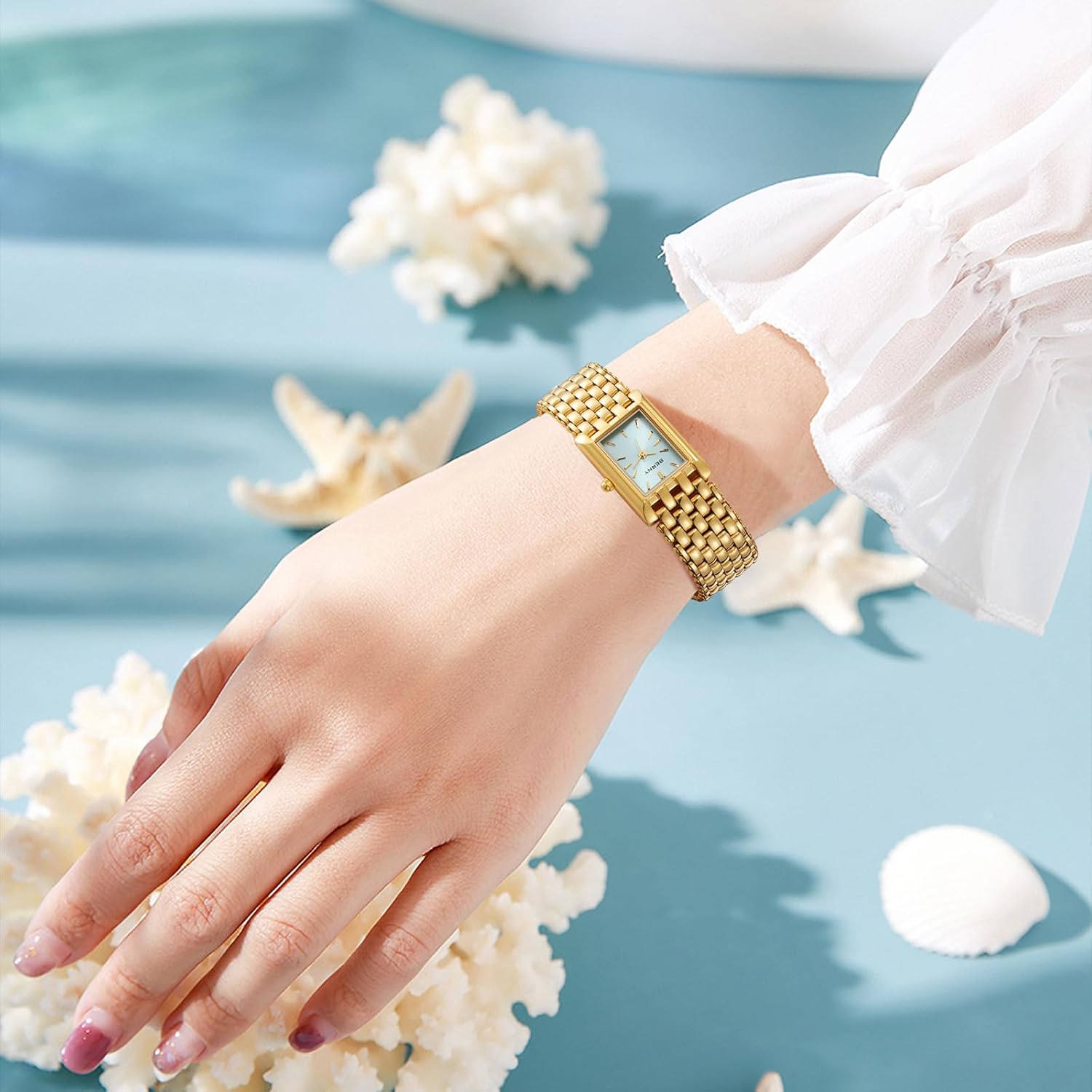 Detalle 2 de BERNY Gold Uhr für Damen – Rechteckiges Design, Quarz, 3ATM Wasserfest