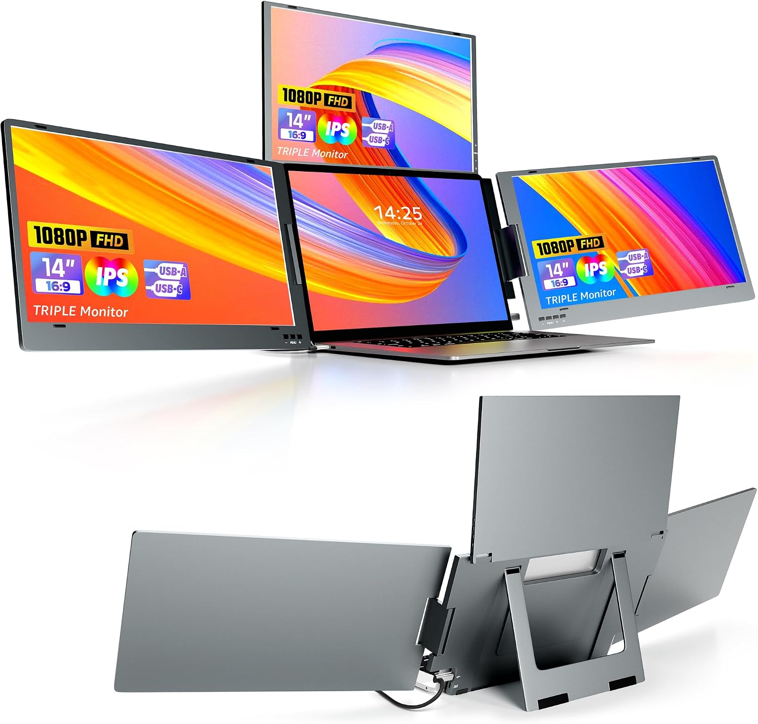 Detalle de KPKUE 14" Triple Screen Extender (FHD IPS) for 11.6–15.6" Laptops via USB-C/USB-A