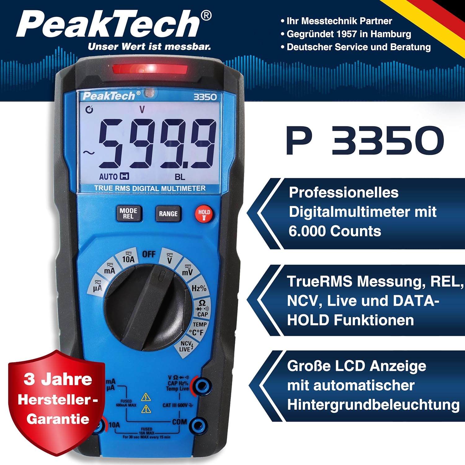 Thumbnail 1 de PeakTech P 3350 – True RMS Multimeter mit Digitalanzeige, 6000 Counts, Auto-Range, 10 A, CAT III 600 V