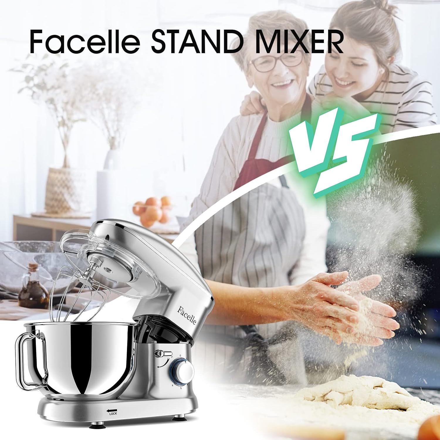 Detalle 2 de Robot pâtissier Facelle 1500 W 6,2 L (crochet, batteur, fouet) avec protection anti-éclaboussures