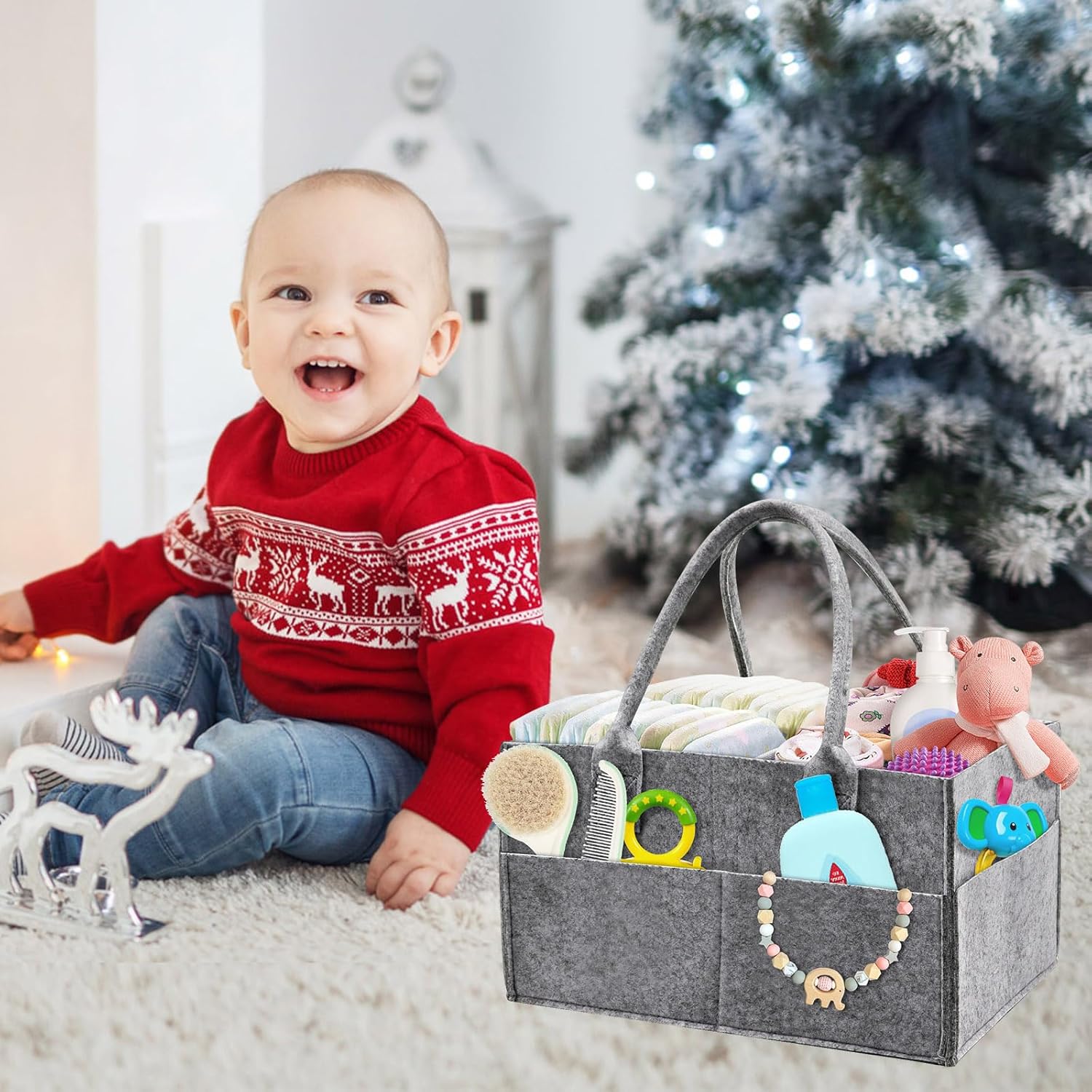 Thumbnail 4 de Yueshop Grey Felt Baby Diaper Caddy Nursery Storage & Wipes Bag (Dark Grey) – Felt nappy organiser