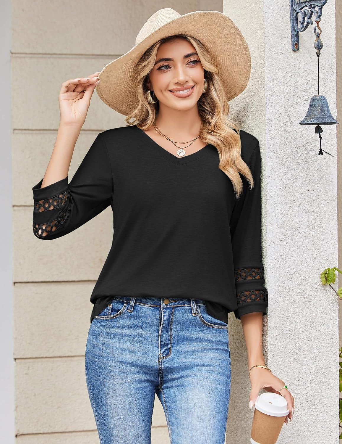 Detalle de Zeagoo Camicia Donna Elegante con Maniche 3/4 — Scollo a V, Tunica Estiva ampia