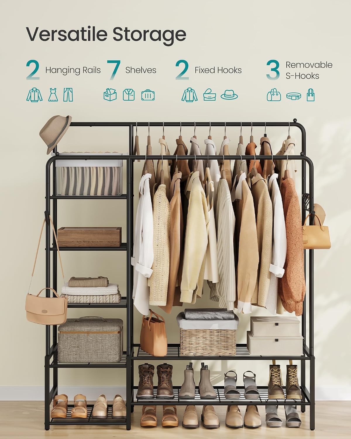 Thumbnail 3 de SONGMICS Heavy Duty Clothes Rail with 7 Shelves and Double Hanging Rods (HSR182B01)