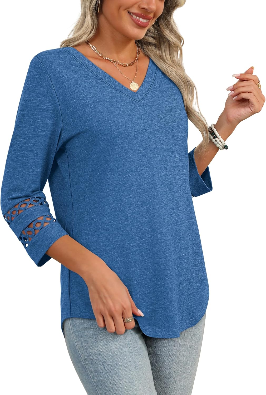 Detalle de XIEERDUO Summer Tops: V Neck 3/4 Sleeve Blouse for Women in Loose Fit