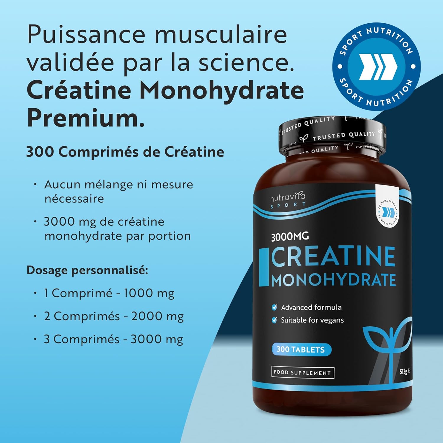 Thumbnail 1 de Nutravita Creatine Monohydrate Gelule 3000 mg – 300 comprimés pour 100 jours