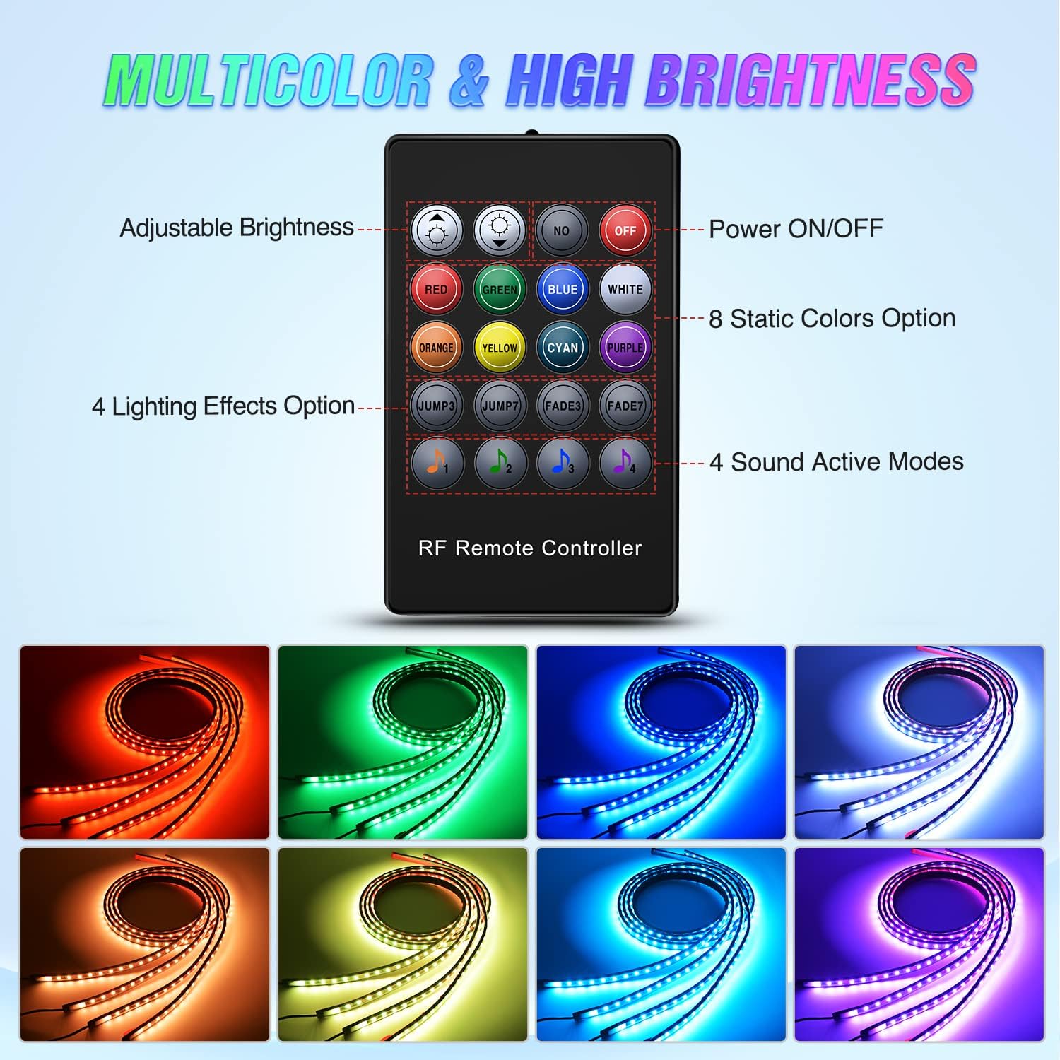 Thumbnail 2 de Nilight 4Pcs Car Underglow Neon Accent Strip Lights — 252 LEDs RGB with Sound Active Modes