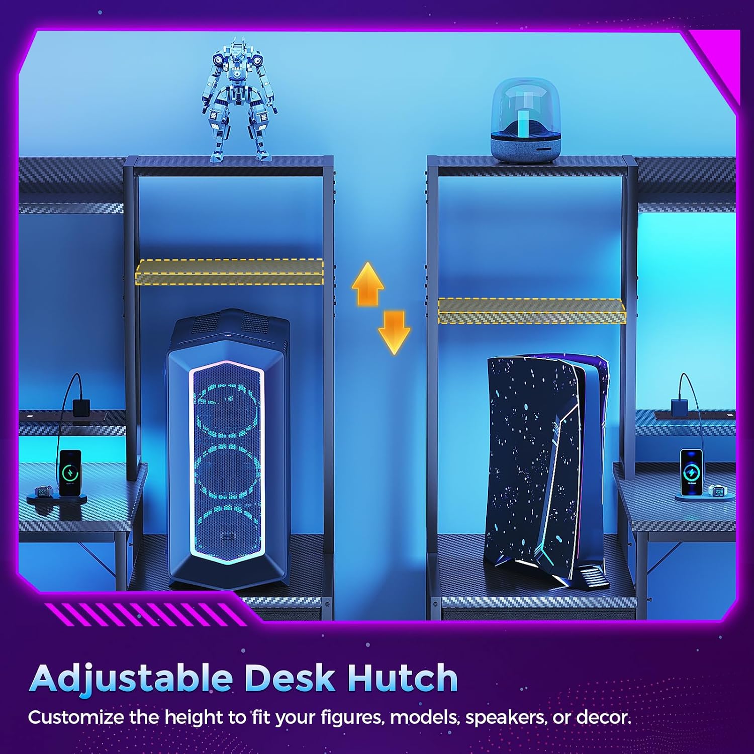 Detalle de Coleshome Gaming Desk with Drawers & Display Shelves, 120×48 cm – LED Lights, Built-in Socket, Reversible Monitor Stand