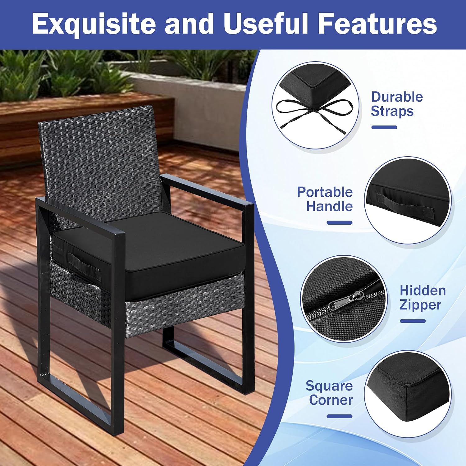 Detalle 1 de IASEAHK 19" x 19" x 3" Patio Chair Cushions, Set of 4, Black