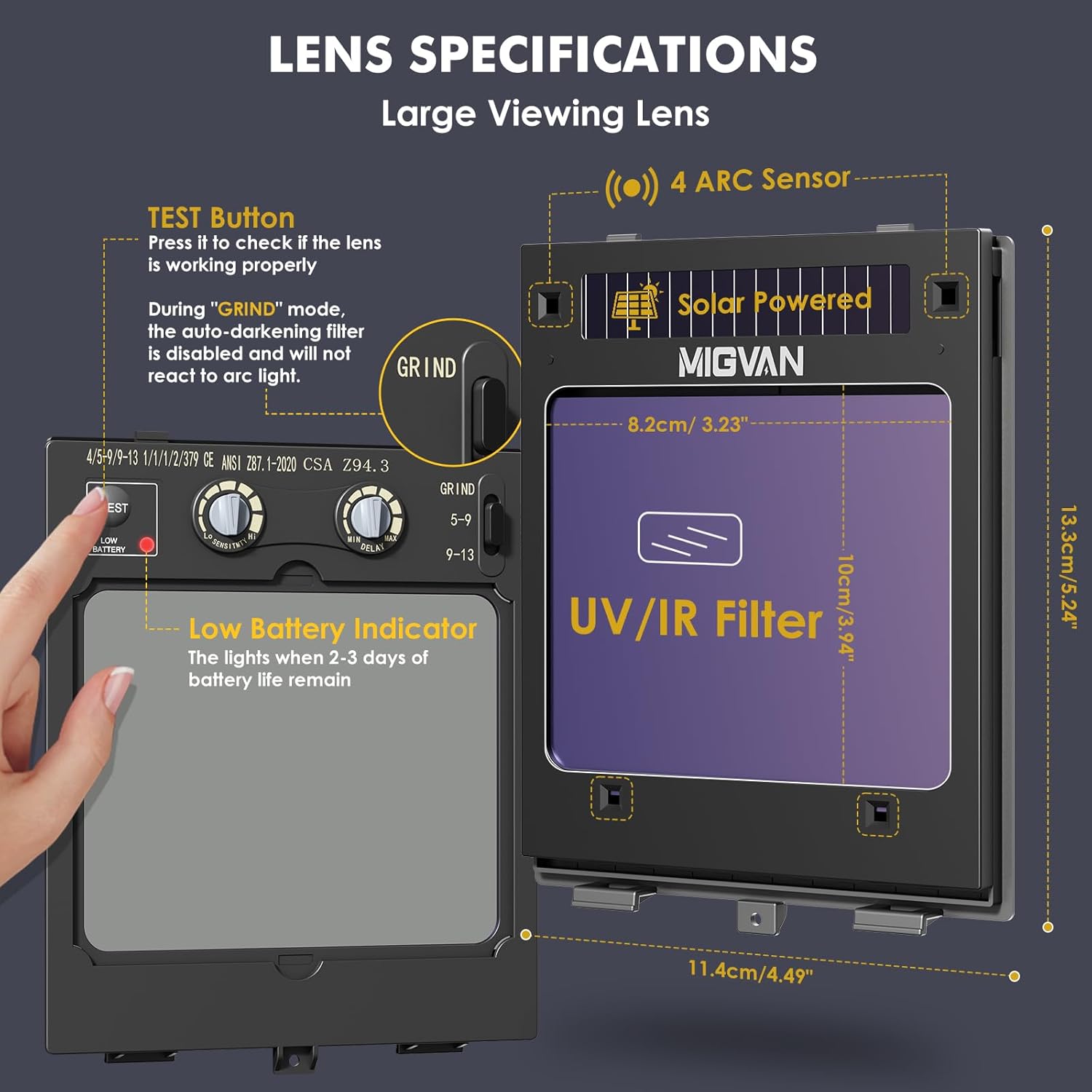 Thumbnail 4 de MIGVAN Auto-Darkening Welding Helmet (True Color), Large Viewing, Solar/Rechargeable Battery Powered