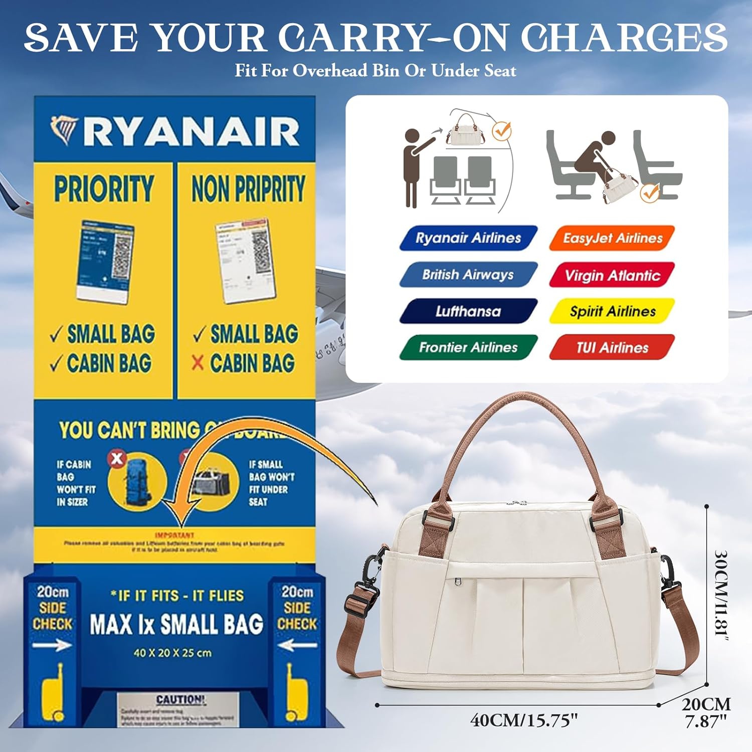 Detalle de SEAFEW for Ryanair Cabin Bag 40x30x20cm Underseat Travel Duffle with Shoe Compartment (Army Green)