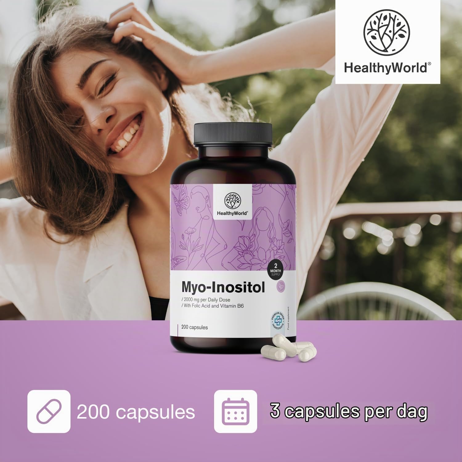 Detalle de HealthyWorld Myo-Inositol 2000 mg capsules met foliumzuur, B8 en B6
