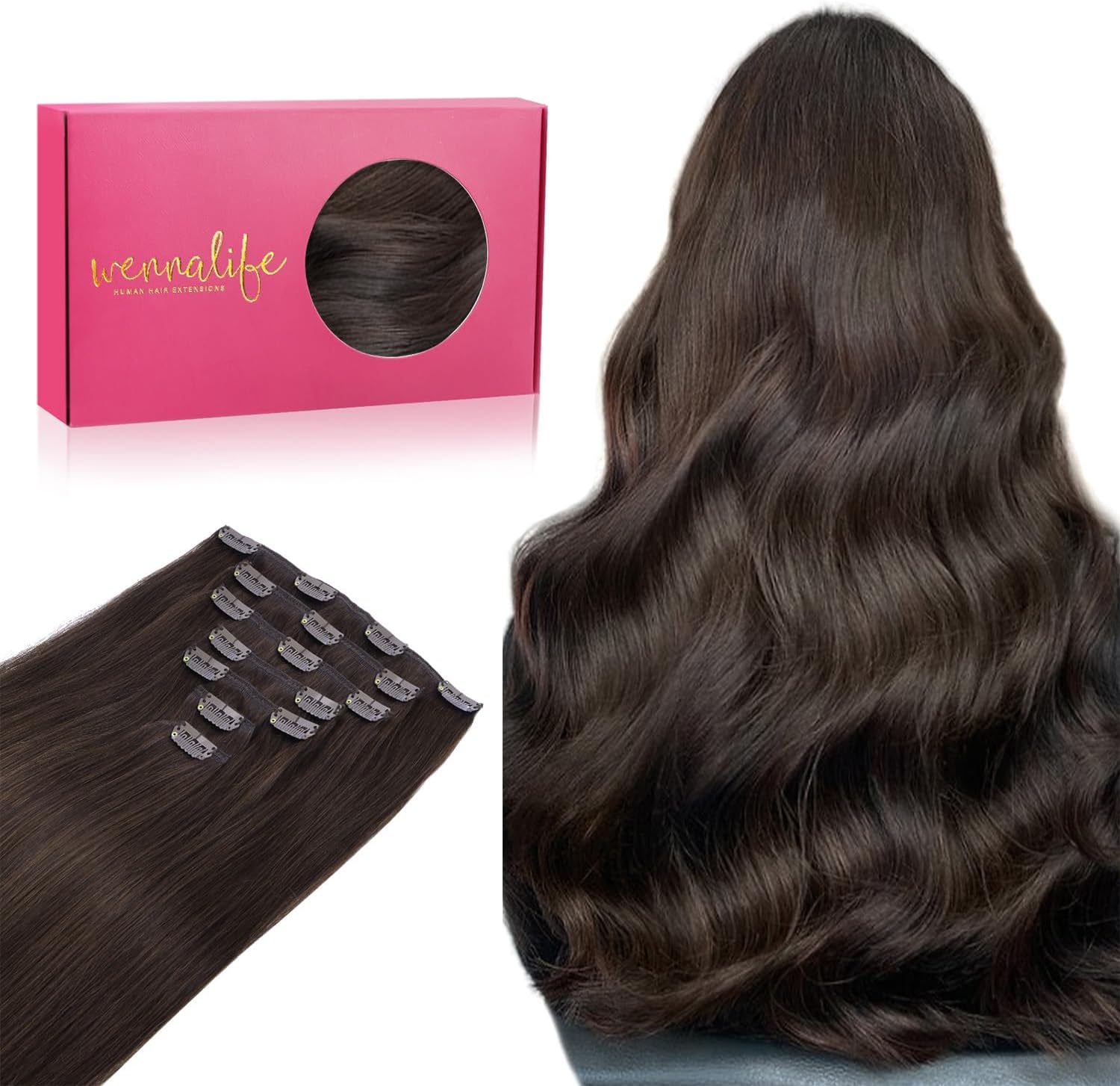 Detalle de WENNALIFE Extension Capelli Veri Clip 35 cm 120 g (7 pezzi) Remy con clip