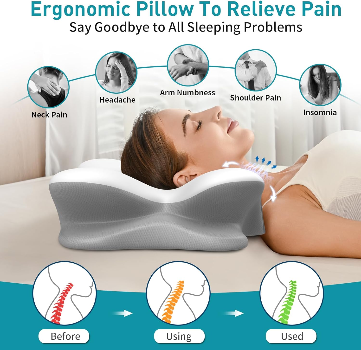 Detalle de Besyodo Cervical Pillow for Neck Pain Relief — Ergonomic Contour Memory Foam Neck Support Pillow (Side, Back, Stomach)