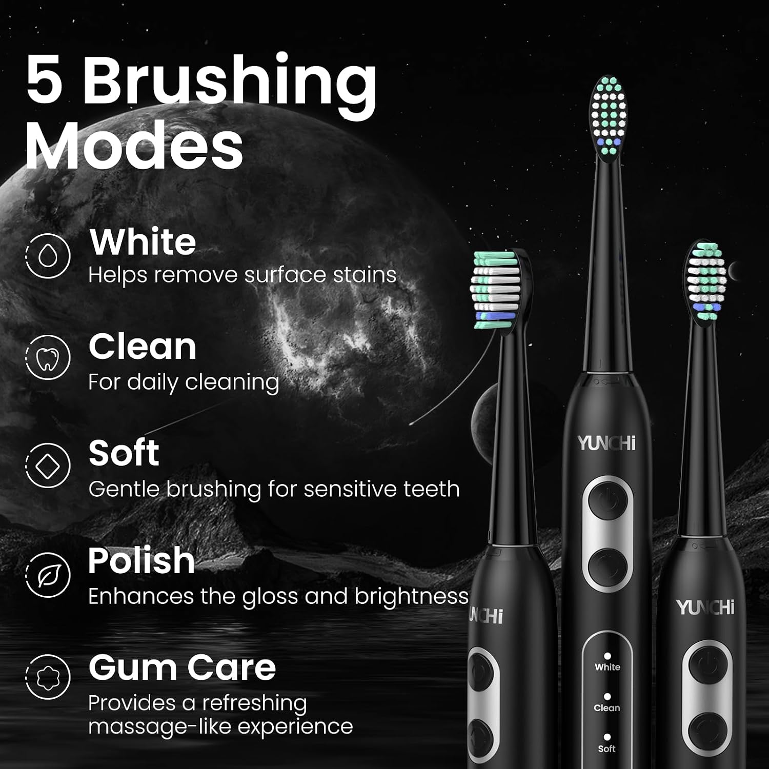 Detalle de YUNCHI C2 Electric Toothbrush (USB-C rechargeable) for adults and kids, 5 modes, 2-minute timer, 8 brush heads, travel case