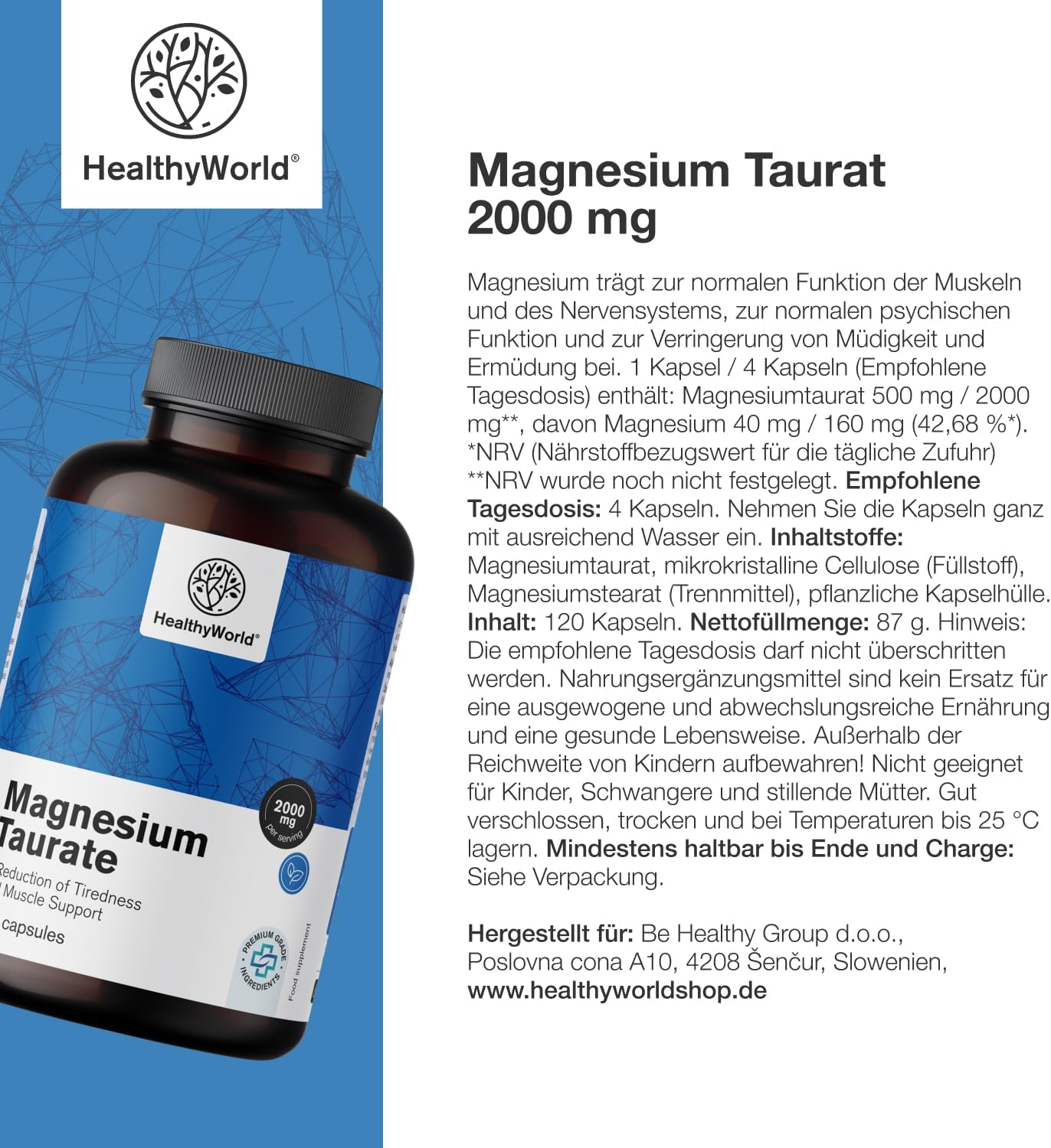 Thumbnail 6 de HealthyWorld Magnesium Taurat 2000 mg – Pflanzliche Kapseln, 120 Stück