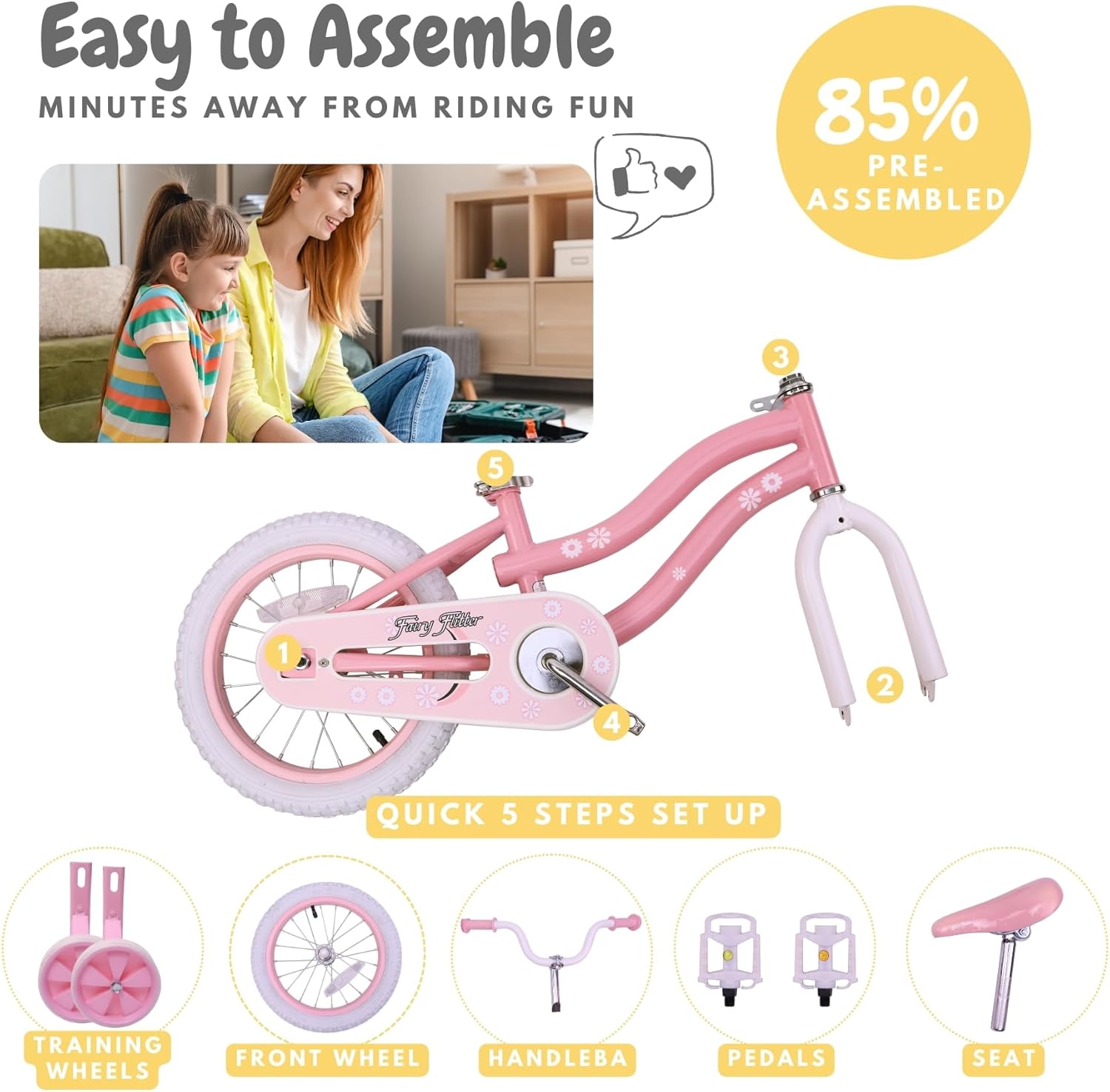 Thumbnail 2 de Bicystar Girls Bike for Kids Ages 2–5, 12/14/16/18 Inch Pink Bicycle with Training Wheels, Basket & Streamers