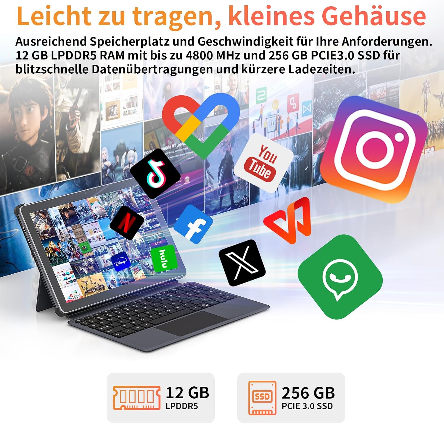 Detalle de AWOW AIBOOK 11: 10,1 Zoll 2-in-1 Tablet mit deutscher Tastatur – Alder Lake N95, 12GB RAM, 256GB SSD