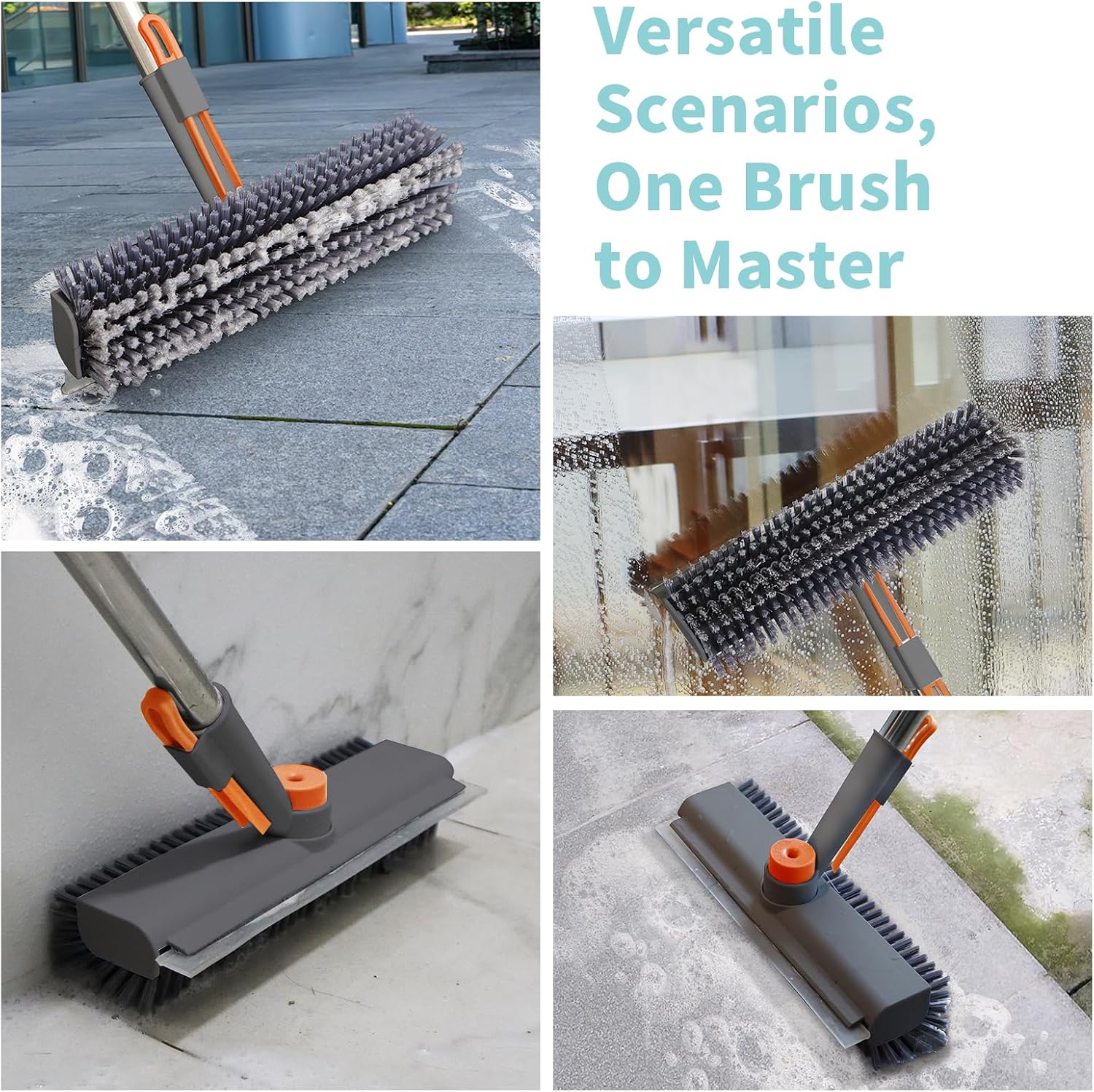 Detalle de Floor Scrub Brush with Long Handle — 3-in-1 Scrape and Heavy-Duty Stiff Bristle Scrubber (Gray, 1 Pack)