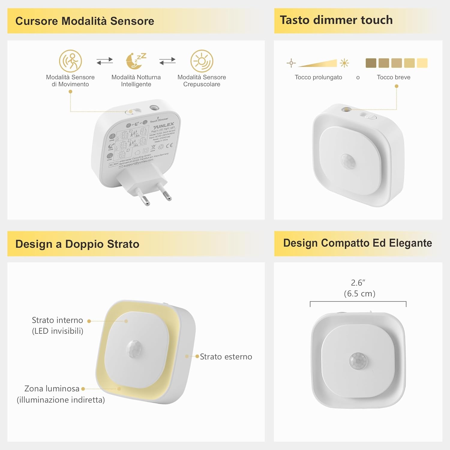 Thumbnail 6 de YUNLEX Luce notturna da presa con sensore di movimento e dimmer [2 pezzi] — rosso