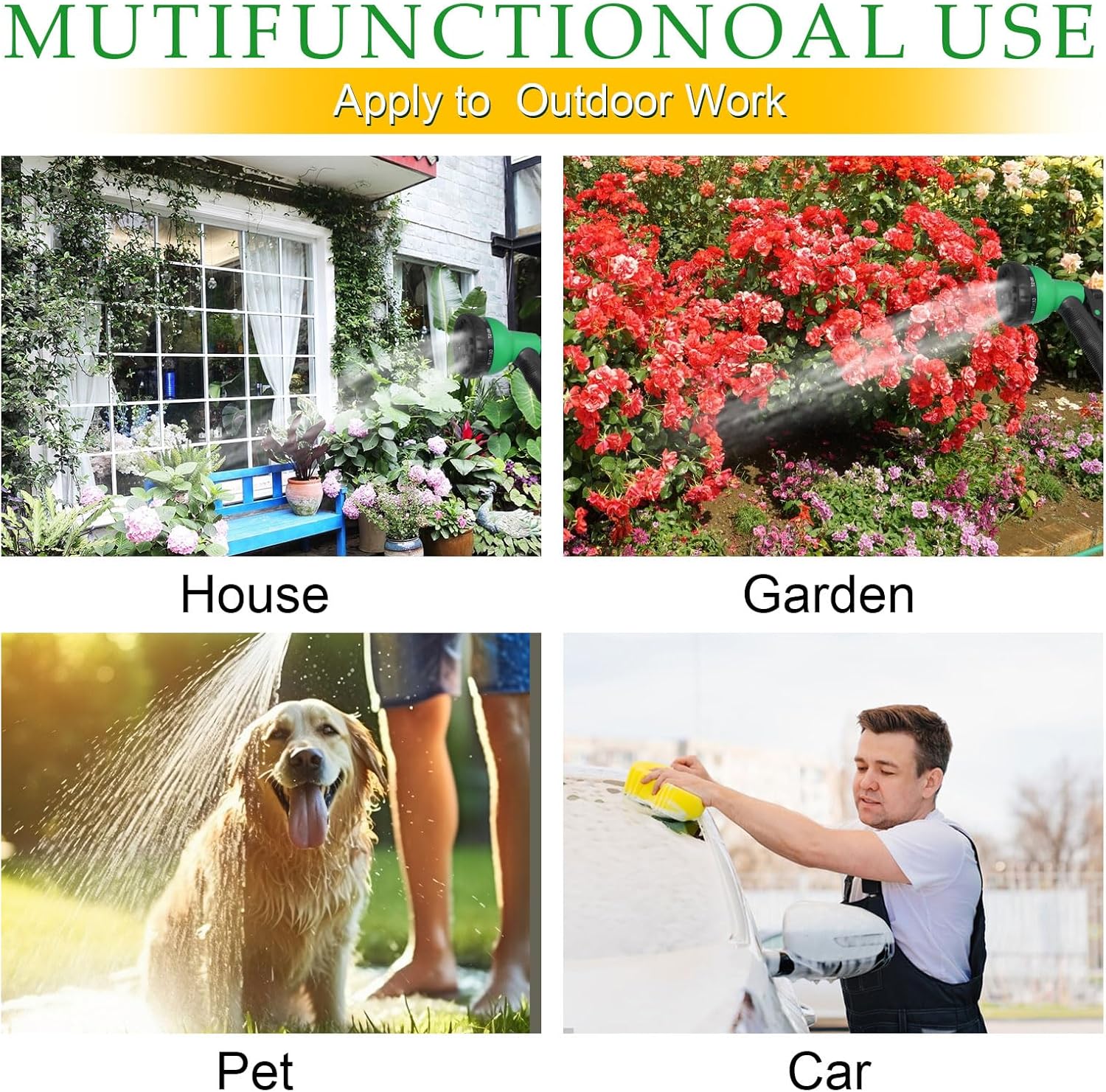 Thumbnail 6 de Expandable Garden Hose Pipe 100FT with 8-Pattern Spray Nozzle and 3/4"–1/2" Solid Brass Fittings (Green)