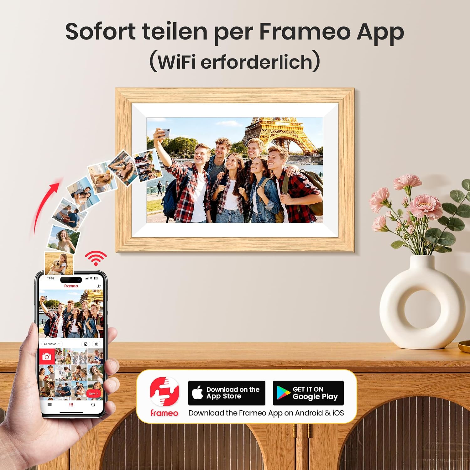Detalle de Frameo WLAN digitaler Bilderrahmen 10,1 Zoll (HD, 1280×800 IPS) mit 32 GB Speicher und Touchscreen