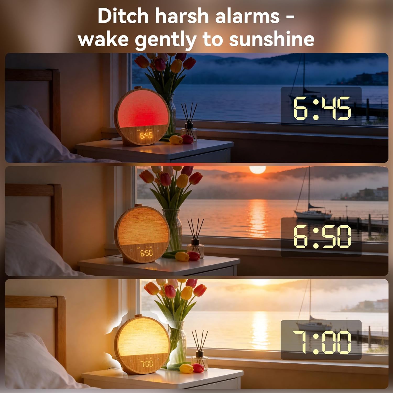Detalle 2 de blonbar dagsljusväckarklocka med soluppgång, dubbelalarm och RGB-ljus
