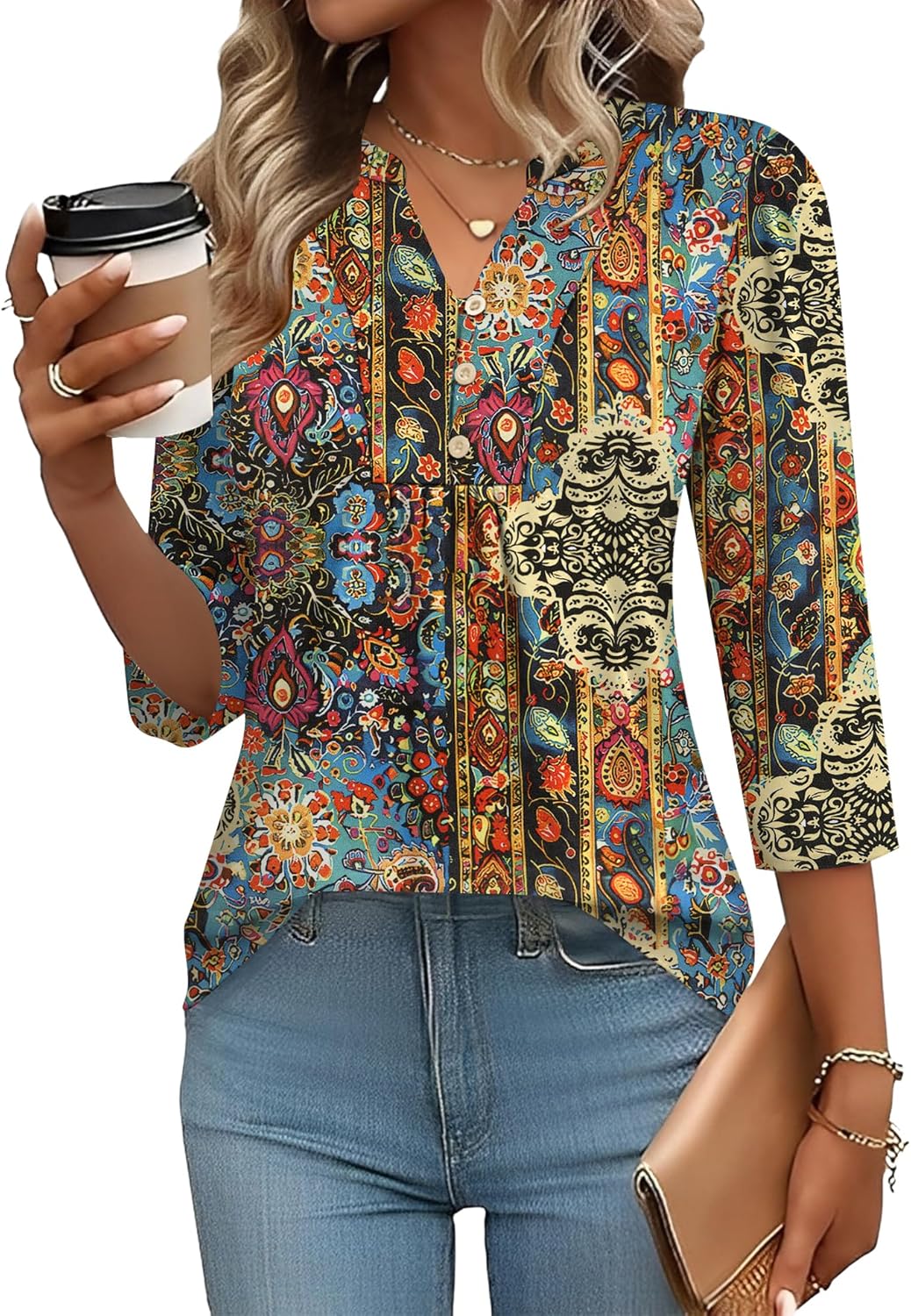 Thumbnail 5 de IECCP 3/4 Sleeve Pleated Henley V-Neck Top
