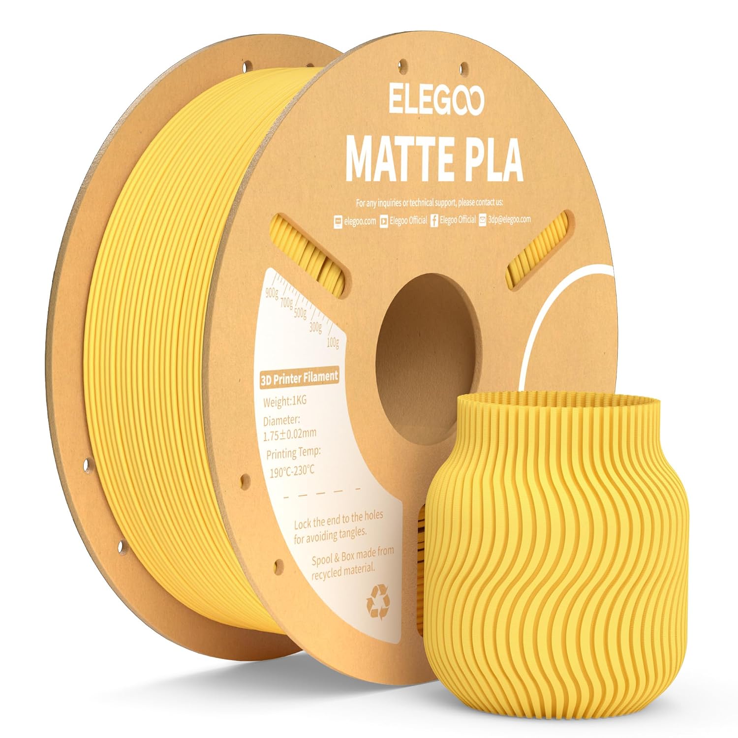 Detalle de ELEGOO Matte PLA Filament Sunshine Yellow 1KG, 1.75mm – a reliable matte finish for everyday 3D printing
