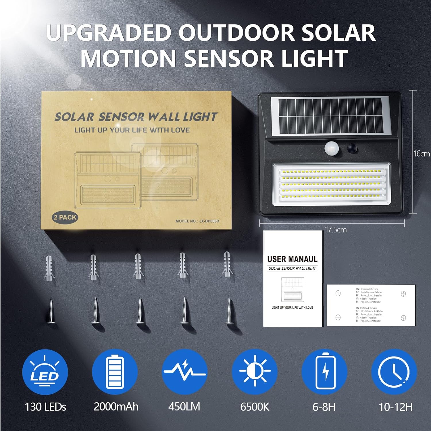 Detalle 2 de Giliwosy Luce Solare LED Esterno 130LED/3 Modos con Sensore di Movimento – Set da 2 Pezzi