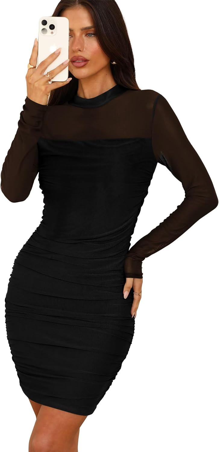 Detalle de WIHOLL Women's Mesh Sheer Long-Sleeve Ruched Bodycon Mini Dress