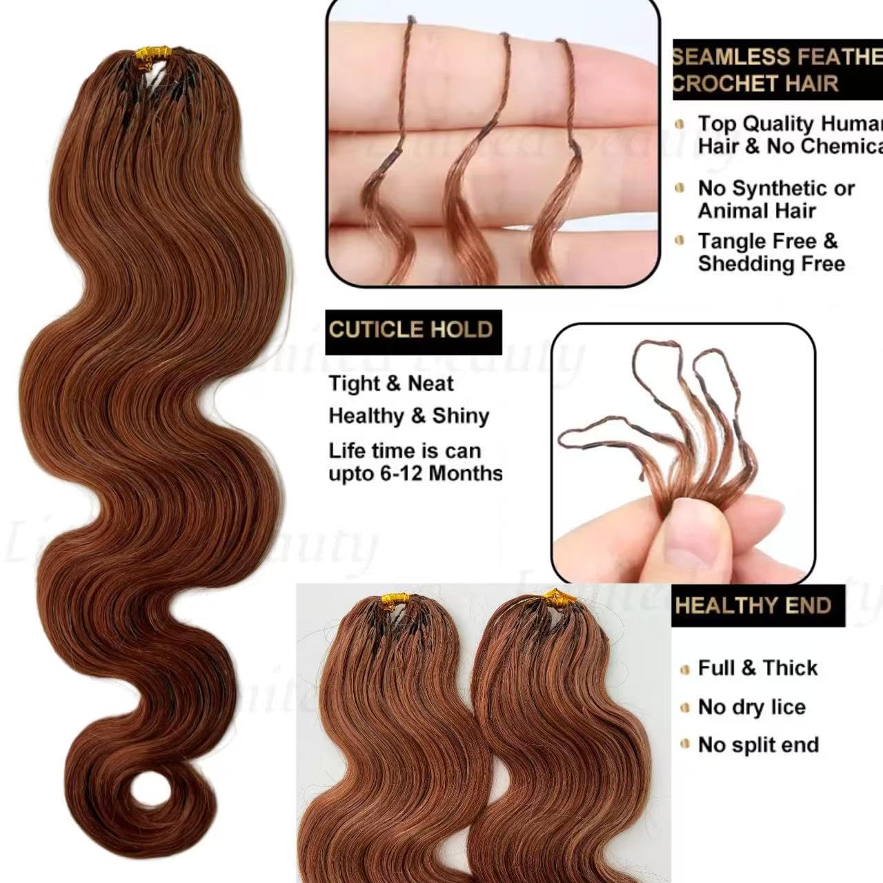 Detalle de Body Wave Feather Crochet Hair Extensions 2-Pack, 100% Human Hair, Color #30 Auburn Ginger, 18in, 120g
