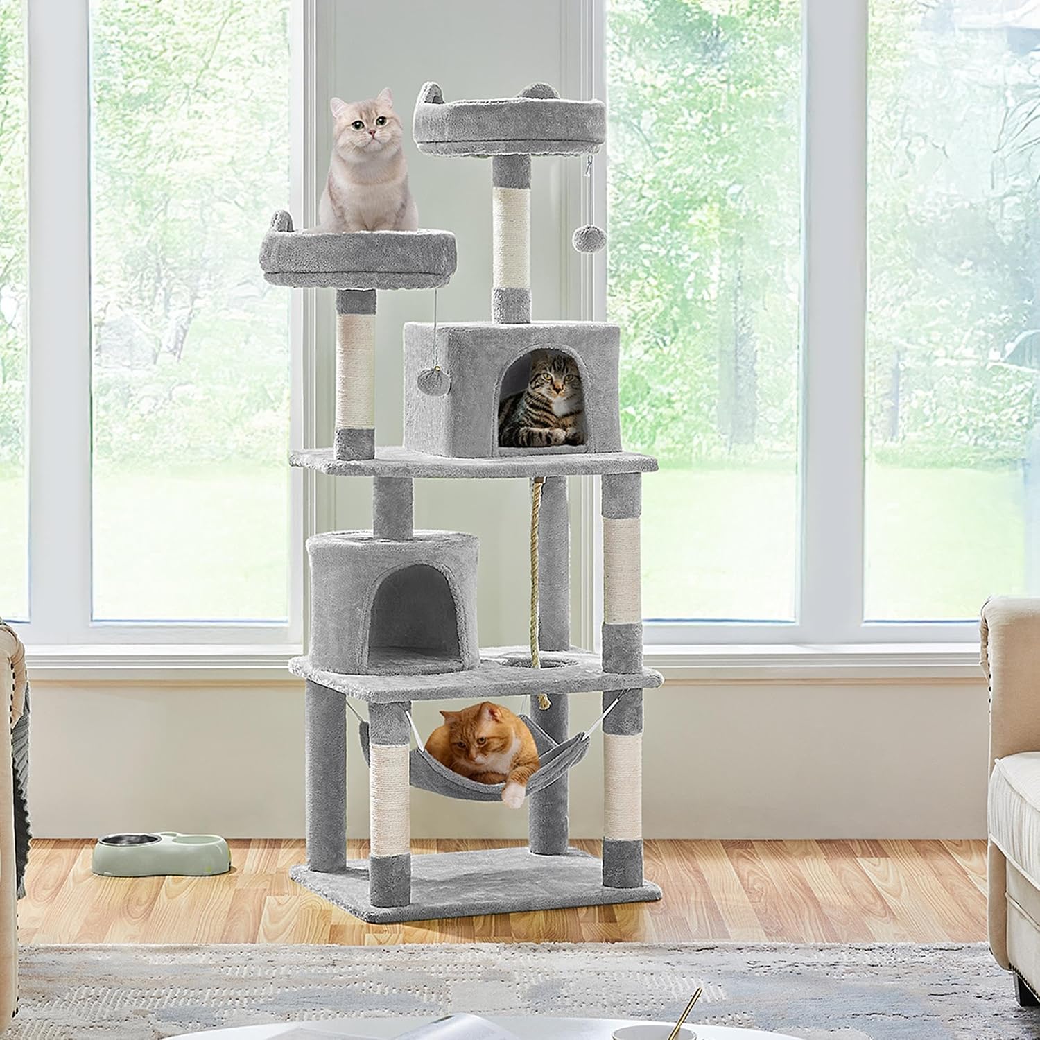 Detalle de Yaheetech 158 cm Kratzbaum für Katzen mit Hängematte, 5 Kratzsäulen & 2 Höhlen – FSC-zertifiziert, kippsicher