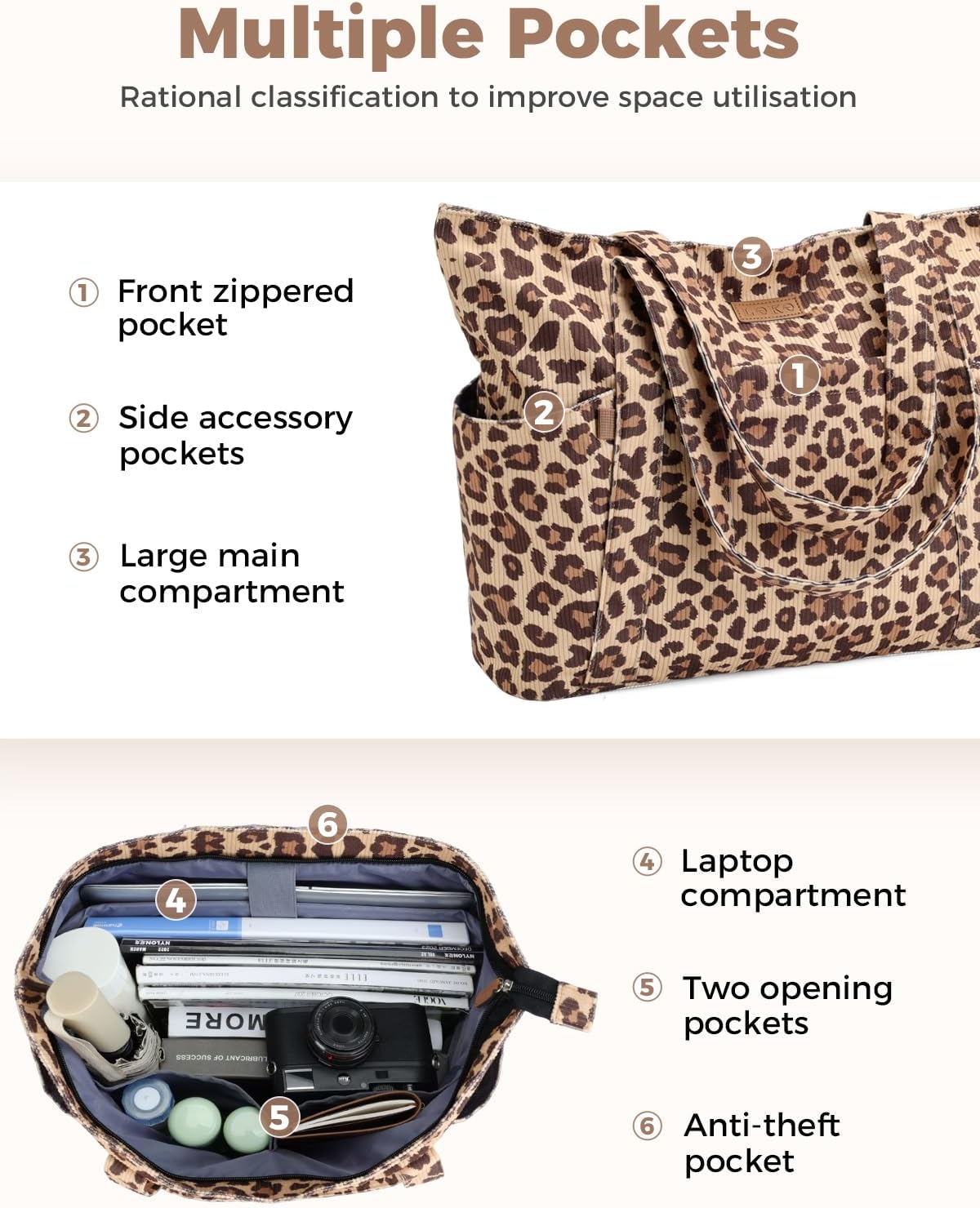 Thumbnail 3 de Lekespring Cord Tasche Damen – große Tote Bag mit Reißverschluss und Laptopfach bis 15,6 Zoll